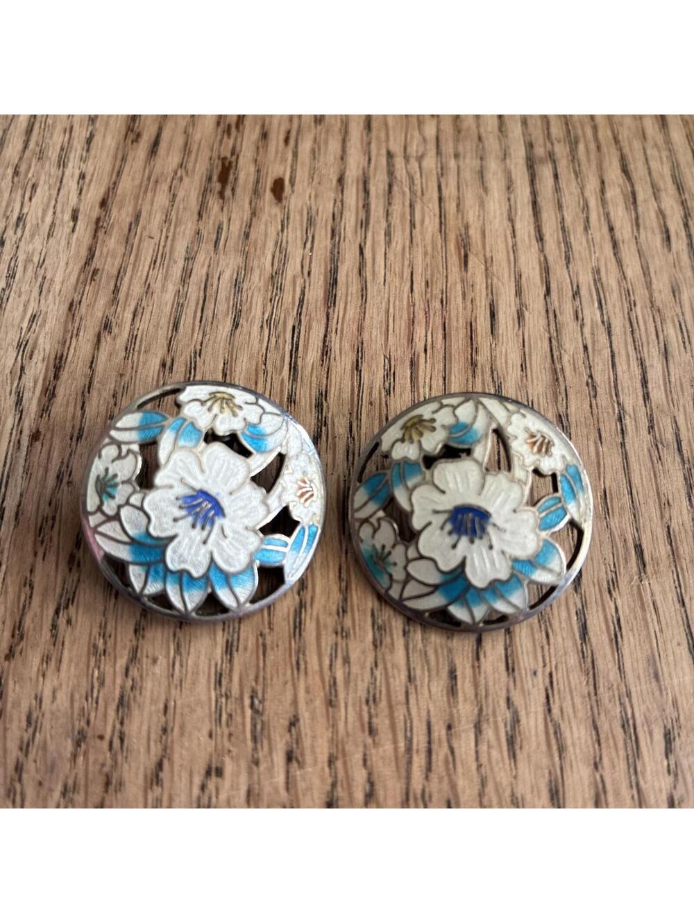 Vintage Earrings Clip On Cloisonne' Floral Silver Tone Jewelry Costume